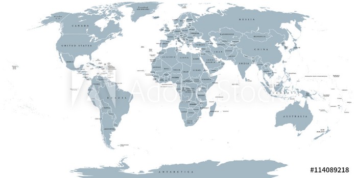 Picture of World political map Detailed map of the world with shorelines national borders and country names Robinson projection english labeling grey illustration on white background